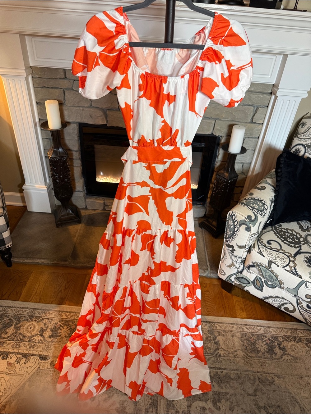 White & Orange Puff-Sleeve Maxi Dress
